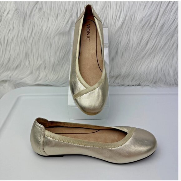 Vionic Womens Wide Caroll Ballet Flats Metallic Gold Slip On Comfort Dressy - Picture 1 of 16